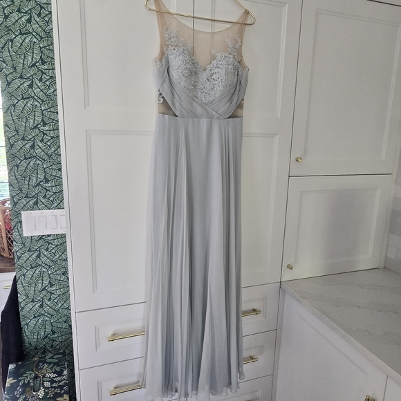 Marchesa Notte Silk Blue Embellished Embroidered Mesh Sheer Panel Detail Gown - Picture 2 of 15